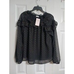 NWT Women's Ces Femme Nola Sheer Blouse With Gold Shimmer And Ruffles Size S